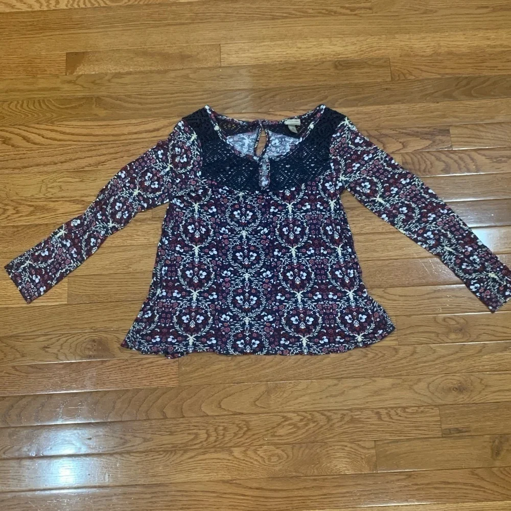 CAPE Juby Crochet Floral Blouse Blue Tassel Tie Long Sleeve Peasant Top size S